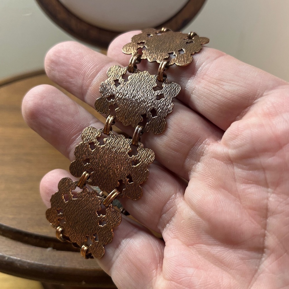 Vtg Renoir Solid Copper Ornate Scalloped Panel Link Bracelet 7.25 Inch